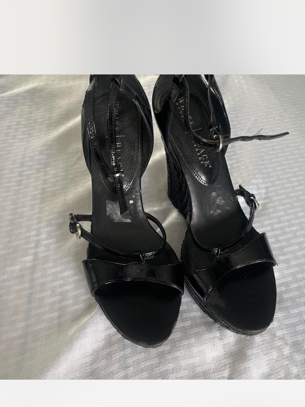 White House Black Market Black Patent Strappy Wedge Sandals